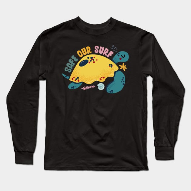 Safe our Surf quote with cute sea animal turtle, starfish, coral and shell aesthetic pastel color illustration. Long Sleeve T-Shirt by jodotodesign